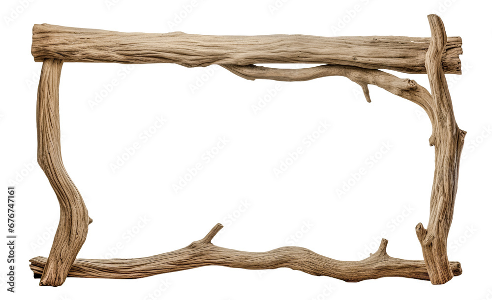 Wood frame isolated on transparent background, png. Empty wooden tree frame. Frame from rough pine logs, isolated on white background