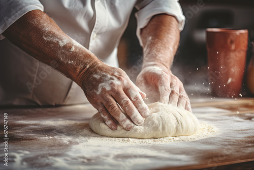 The baker kneads the dough. Bakery. Generative AI