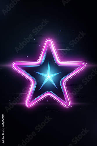 Neon lila pink cyan Stern mit Lichteffekten auf dunklem Hintergrund und mit Platz f  r Text. Hochformat. Hochkant. Generative Ai.