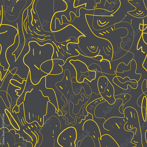 Psychedelic seamless pattern with cute hand drawn anthropomorphic creatures 