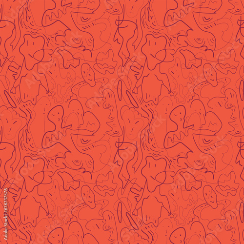 Psychedelic seamless pattern with cute hand drawn anthropomorphic creatures 
