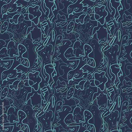 Psychedelic seamless pattern with cute hand drawn anthropomorphic creatures 