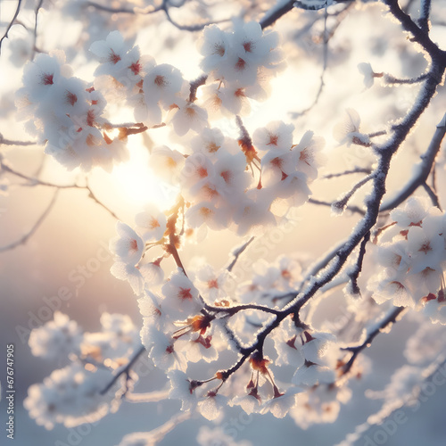 Beautiful blooming branch of white cherry tree in the snow at sunrise, winter morning view, generative ai