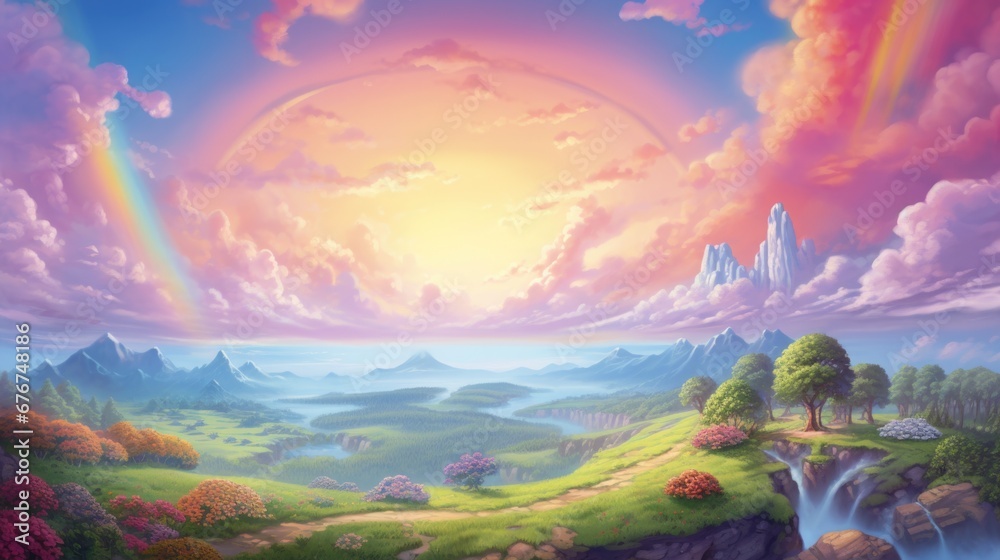 Panoramic landscape with vibrant rainbow over mountain peaks and lush meadows. Fantasy dreamscape illustration. Nature and magic.