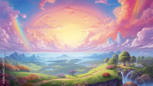 Panoramic landscape with vibrant rainbow over mountain peaks and lush meadows. Fantasy dreamscape illustration. Nature and magic.