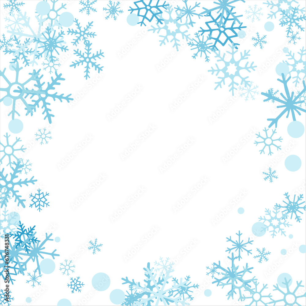 Square winter snow frame with blue snowflakes on a white background. Festive Christmas banner, New Year card. Symbols of frosty winter. Vector illustration.