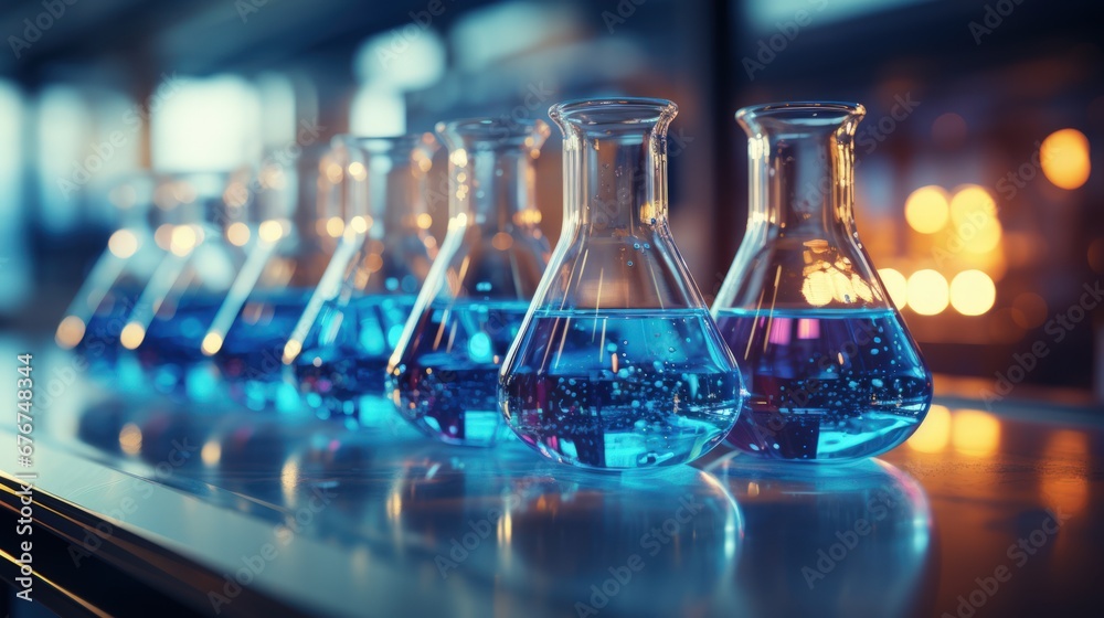 Close-up of blue glass flasks standing in row. Scientific chemistry research. Laboratory backdrop. Generative AI Close-up of blue glass flasks standing in row. Scientific chemistry research. Laboratory backdrop. Generative AI