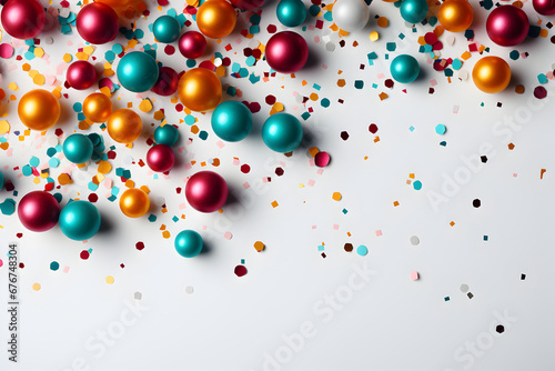 White holiday banner, photo zone, for a party, with confetti and balloons generated AI