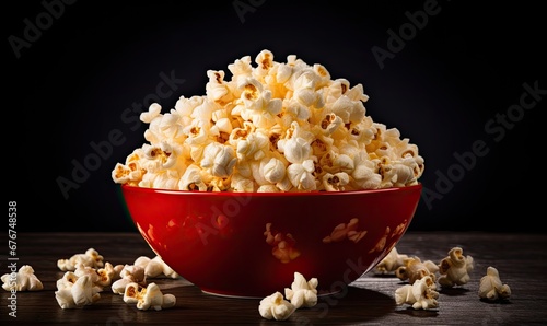 Red Bowl Filled With Delicious Popcorn on a Rustic Wooden Table