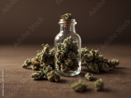 Dried cannabis buds in a glass bottle on a wooden table with copy space