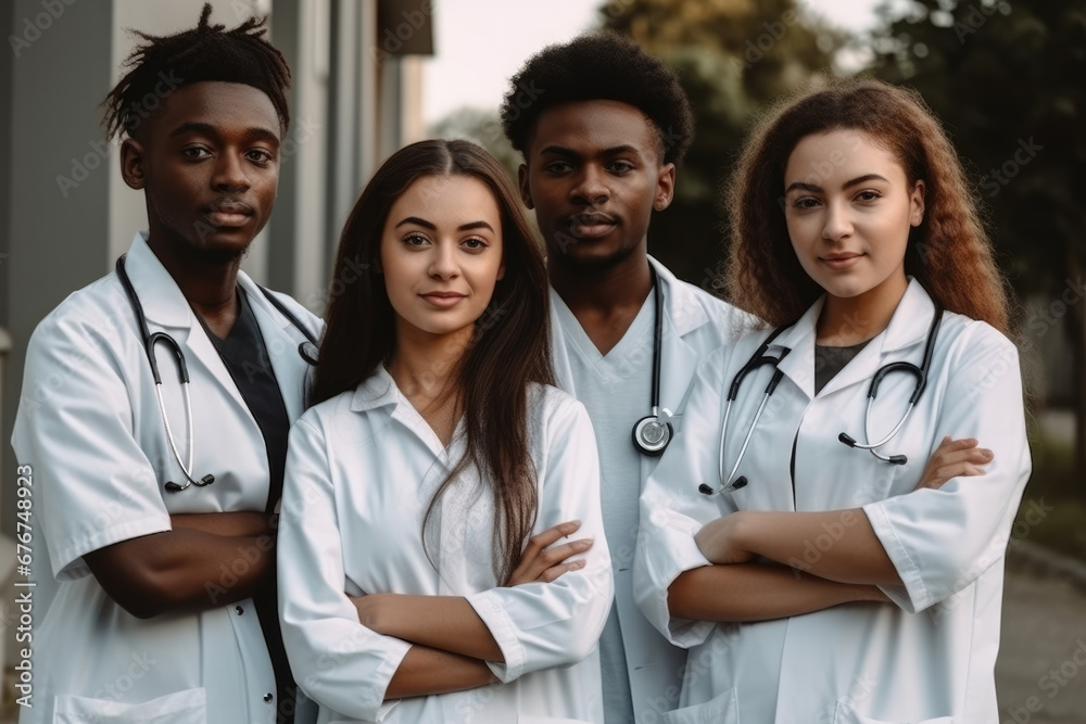 Dedicated medical students in white coats with stethoscopes ready to serve. Dedicated medical students in white coats with stethoscopes ready to serve.