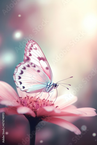 Delicate butterfly with soft pink wings rests on a flower, captured in a serene, high-detail macro photograph.