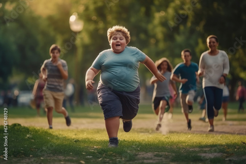 Exuberant young boy leads playtime race in park, showing movement and childhood joy.