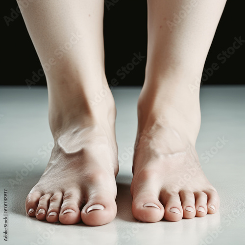 High-resolution image showcasing bare human feet with a clear complexion, standing on a dark surface. photo
