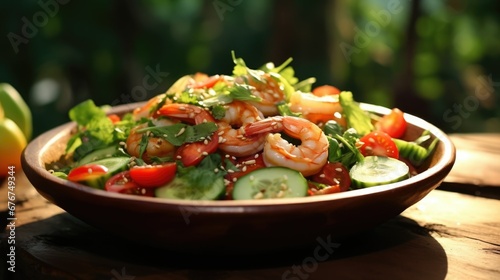 Salad with shrimps, tomatoes, cucumbers and arugula close-up. Food delivery, take away meal on wooden table. Lunch box with cooked vegetarian dish. Healthy diet. Restaurant catering service concept.