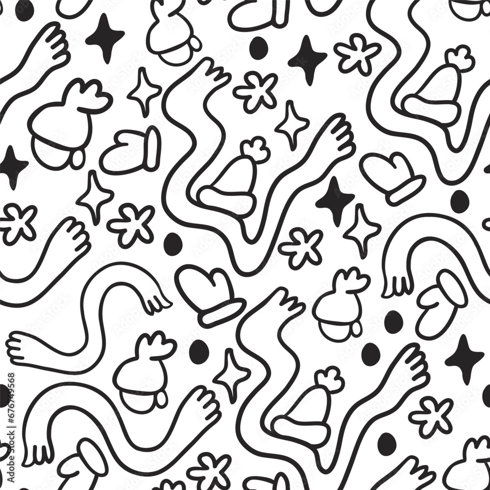 seamless pattern of scarves and hats in doodle style. template for print, background, wallpaper, fabric, coloring, header, article, children's book, toy, decoration.