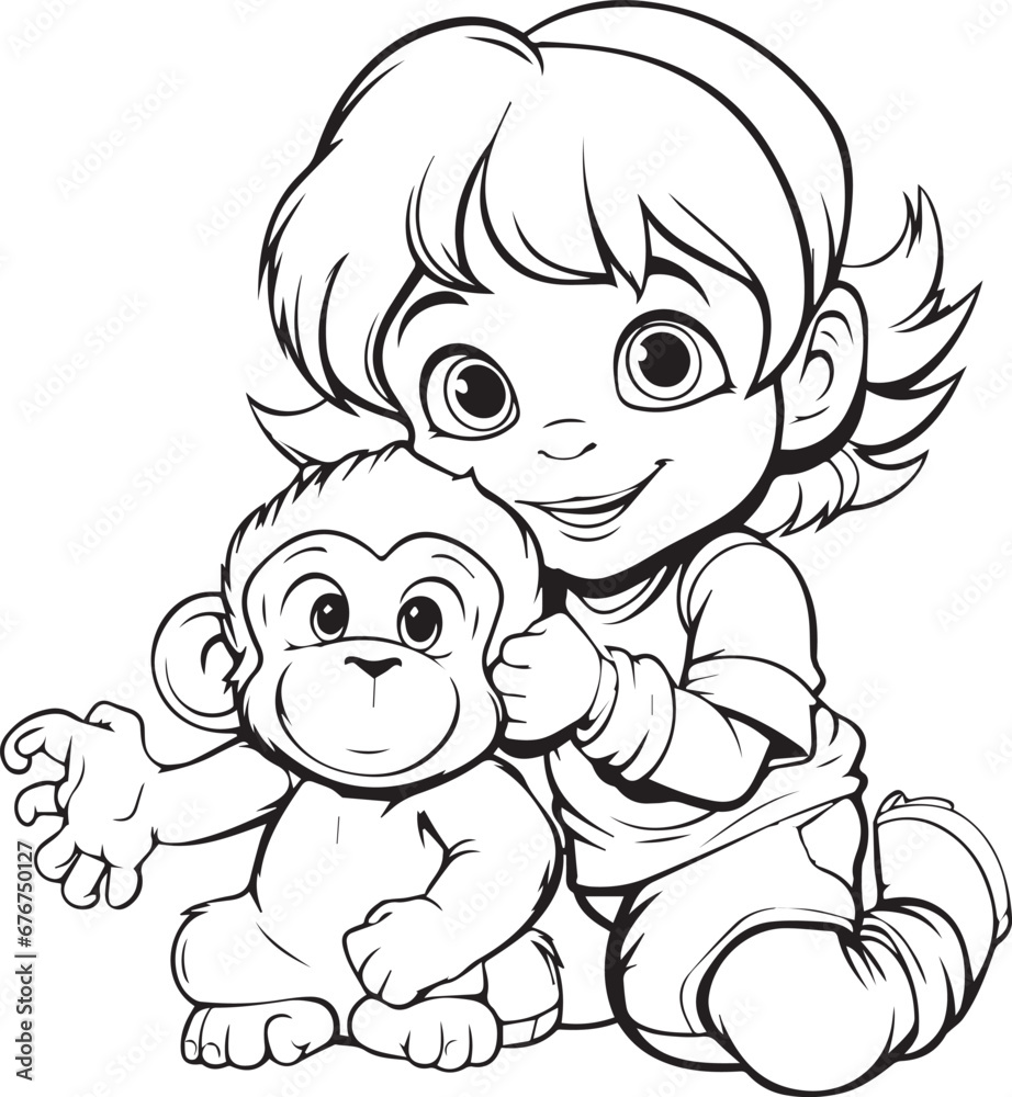 Little Girl with a Cute Monkey Lineart coloring page design