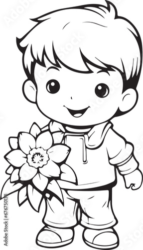 Line art A Standing Boy with a flower coloring book sheet design