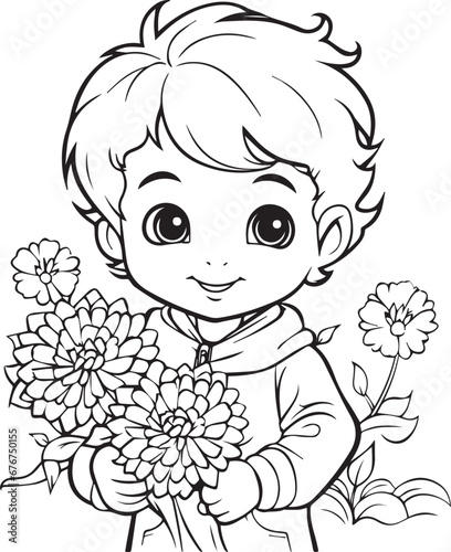 A child with a bouquet of Dahlia flower lineart outline coloring book page design