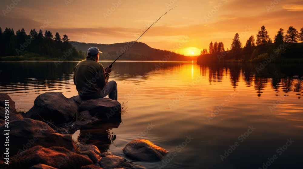 Middle-aged man in fishing gear casting his line on a serene lake at sunset. Vibrant colors of the orange and pink sky reflect on the still water. A tranquil moment of relaxation and beauty in nature