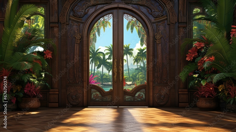 An image showcasing antique doors in a tropical landscape with vibrant colors, intricate woodwork, and lush flora. Hanging vines, palm fronds, and ferns add to the serene ambiance
