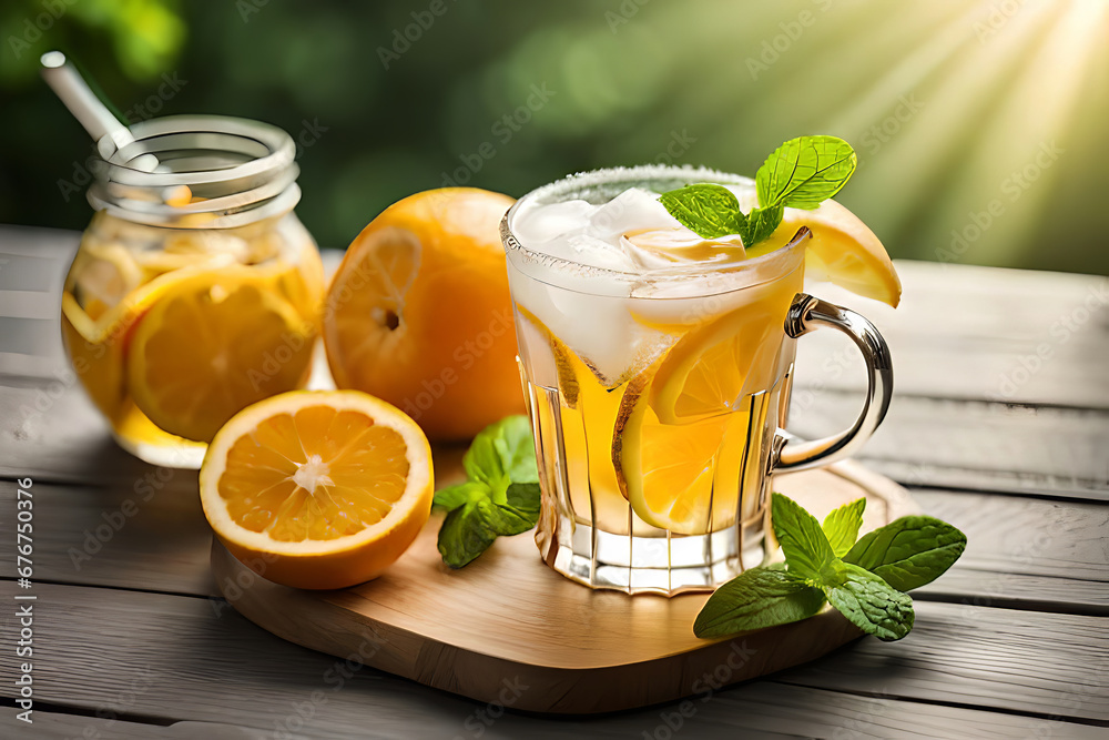 Refreshing Fruity Summer Drink on Table with Lemon and Mint Refreshing Fruity Summer Drink on Table with Lemon and Mint