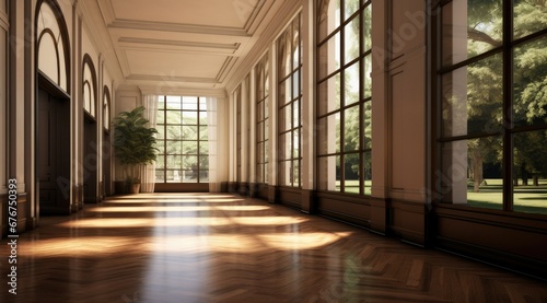 Spacious hallway with wooden floors, expansive windows, and natural light. Tropical landscapes outside create a serene ambiance. Grid-like structure with sharp, clean lines and a polished finish