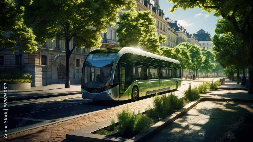 Naklejka premium A sharp-focus, hyper-realistic image of a green city bus on an urban street. Capturing the naturalistic style of city life and sustainable transportation. Electric bus