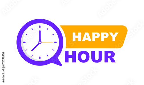 Happy Hour label. Badge with clock. Modern promotional banner. Vector Illustration.
