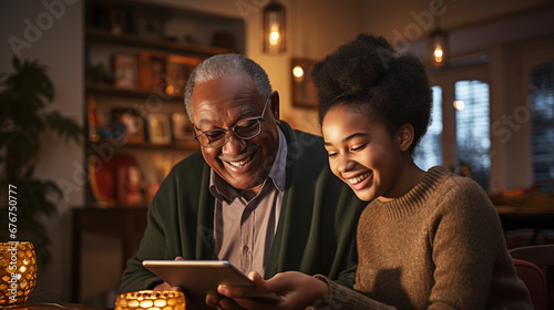 A candid portrait of a smiling elderly man studying a game on a smartphone for the first time and a little grandson helps him figure out the game photo