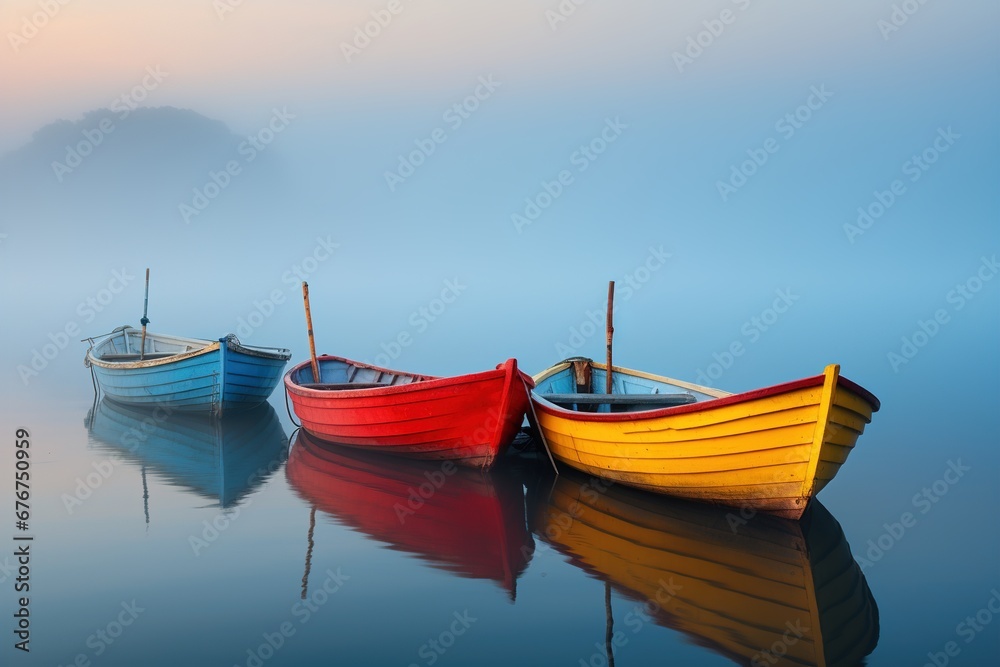 Fototapeta premium three boats yellow red and blue on the lake