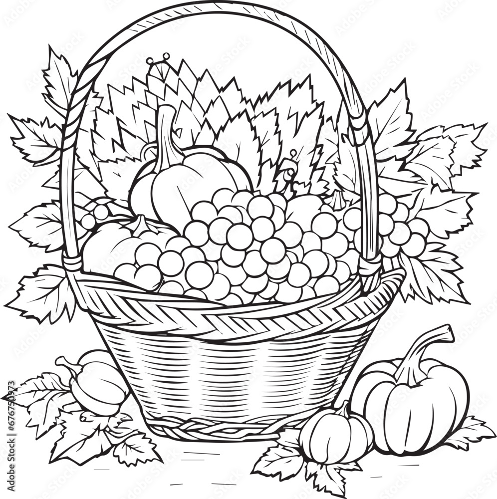 Fruits in a basket Line art coloring book page design Fruits in a basket Line art coloring book page design