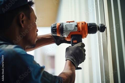 Construction worker drilling a white wall with a drill