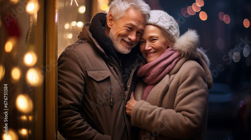 Happy elderly couple hugs on a night street with blurred lights on Christmas Eve. Old retired people in love dating