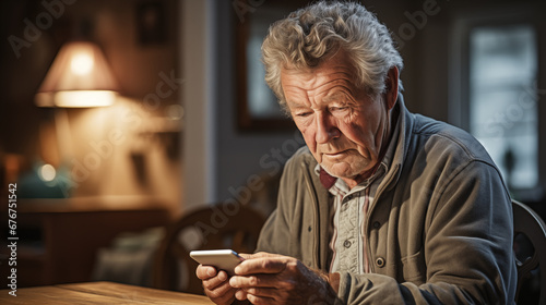 A candid portrait of an elderly man studying a life insurance application on a smartphone for the first time. Concept of active age © mikhailberkut