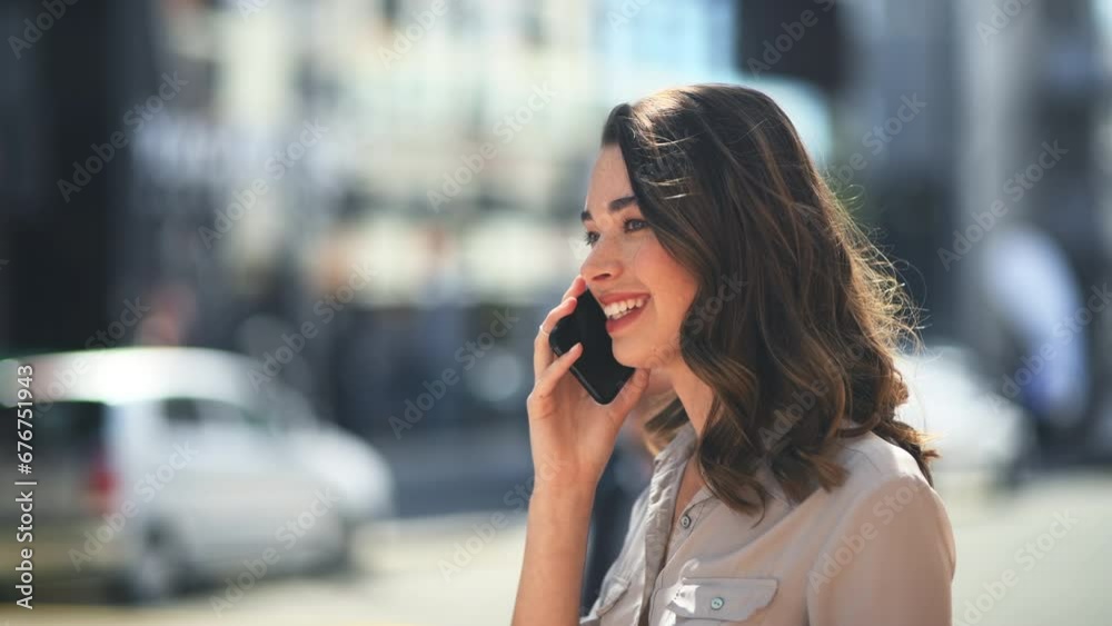 City, street and woman with phone call for taxi, travel or communication for commute. Cellphone, chat and person talking in New York, town and conversation with cab, driver or waiting for transport