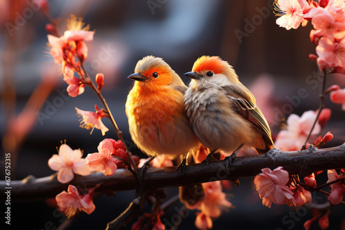 Two birds sitting on a branch with flowers in morning spring © Waratchada