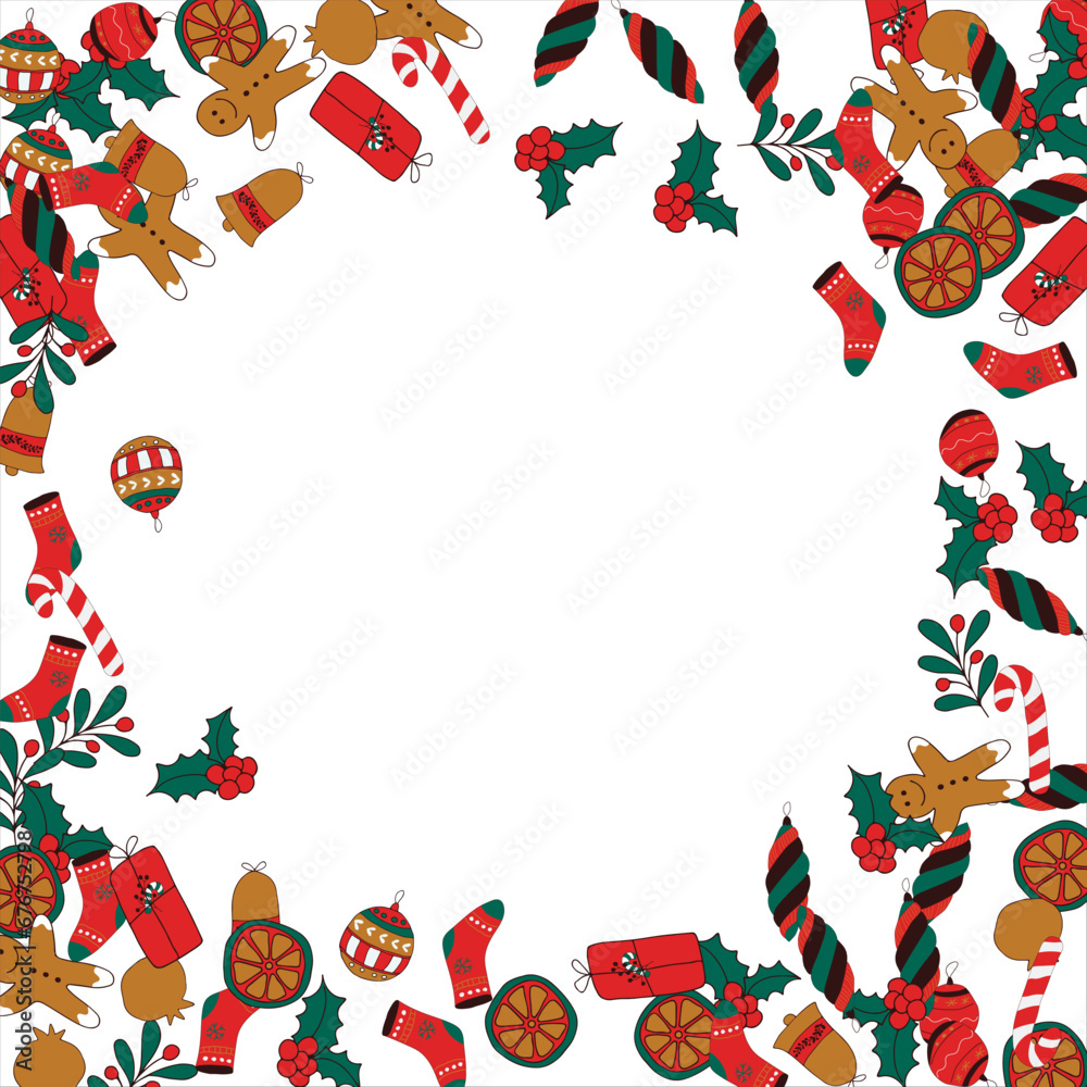 Christmas card frame with empty space for wishes. Gingerbread, orange, Christmas tree decorations, branches, gift boxes, sock, holly berries. Vector illustration