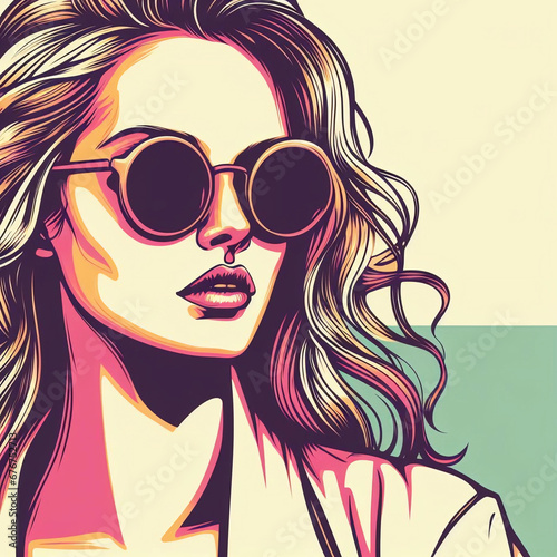 Colorful pop art of a female with sunglasses. Abstract Art design for print, cover, wallpaper, Minimal wall art. Generative AI.