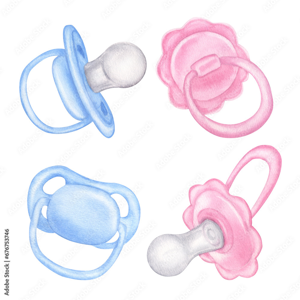 Pink blue pacifier, dummy for newborn girl, boy. Baby shower, gender reveal party. Hand drawn watercolor illustration isolated on white background. For family surprise party feast Pink blue pacifier, dummy for newborn girl, boy. Baby shower, gender reveal party. Hand drawn watercolor illustration isolated on white background. For family surprise party feast