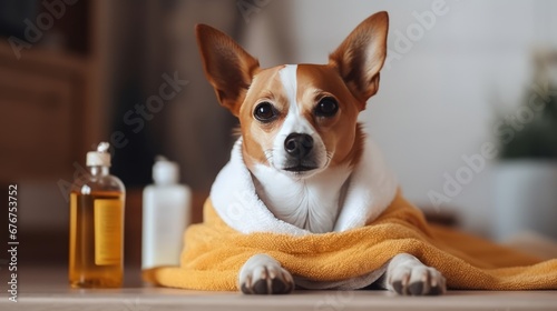 Dog or puppy at spa procedures at beauty salon. Dog in towel after bath  haircut grooming  massage and manicure  with bottles and jars of pet cosmetics.
