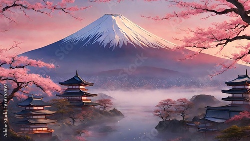 AI A breathtaking rendering of the majestic Mount Fuji, adorned with the vibrant hues of the photo