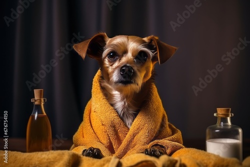 Dog or puppy at spa procedures at beauty salon. Dog in towel after bath, haircut grooming, massage and manicure, with bottles and jars of pet cosmetics. © Ilia