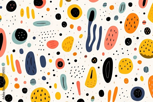 Children's cartoon abstract minimalist backdrop doodle drawing with lines and geometric shapes. Fun and trendy colorful simple background, wallpaper texture design for kids, vector. Generative AI, AI