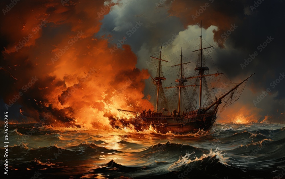 Obraz premium sailing ship in the sea in fire 