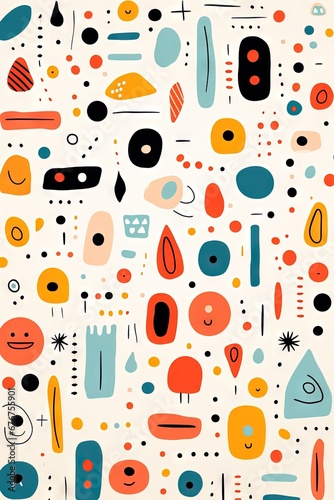 Children's cartoon abstract minimalist doodle drawing with lines and geometric shapes. Fun, cute and trendy colorful simple background, wallpaper texture design for kids, vector. Generative AI, AI