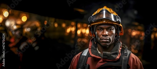 AI illustration of a serious and determined fireman on a dimly lit train platform at night