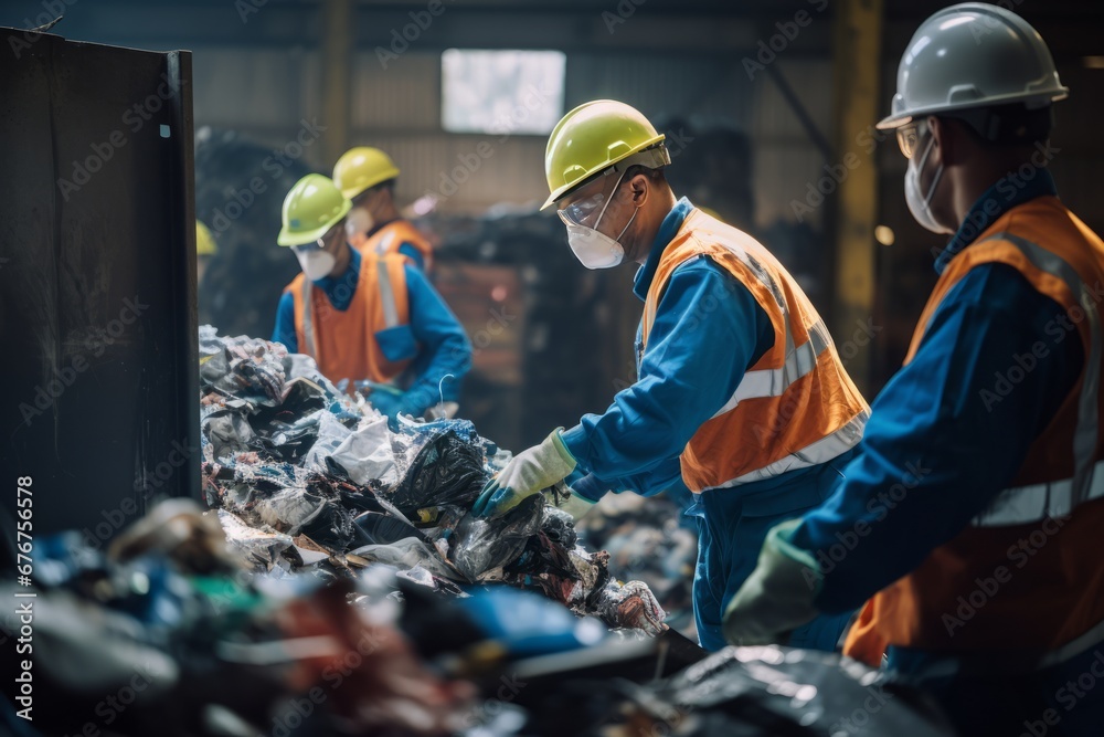 Garbage collection employees sorting the garbage at a recycling center Generative Ai - obrazy, fototapety, plakaty 