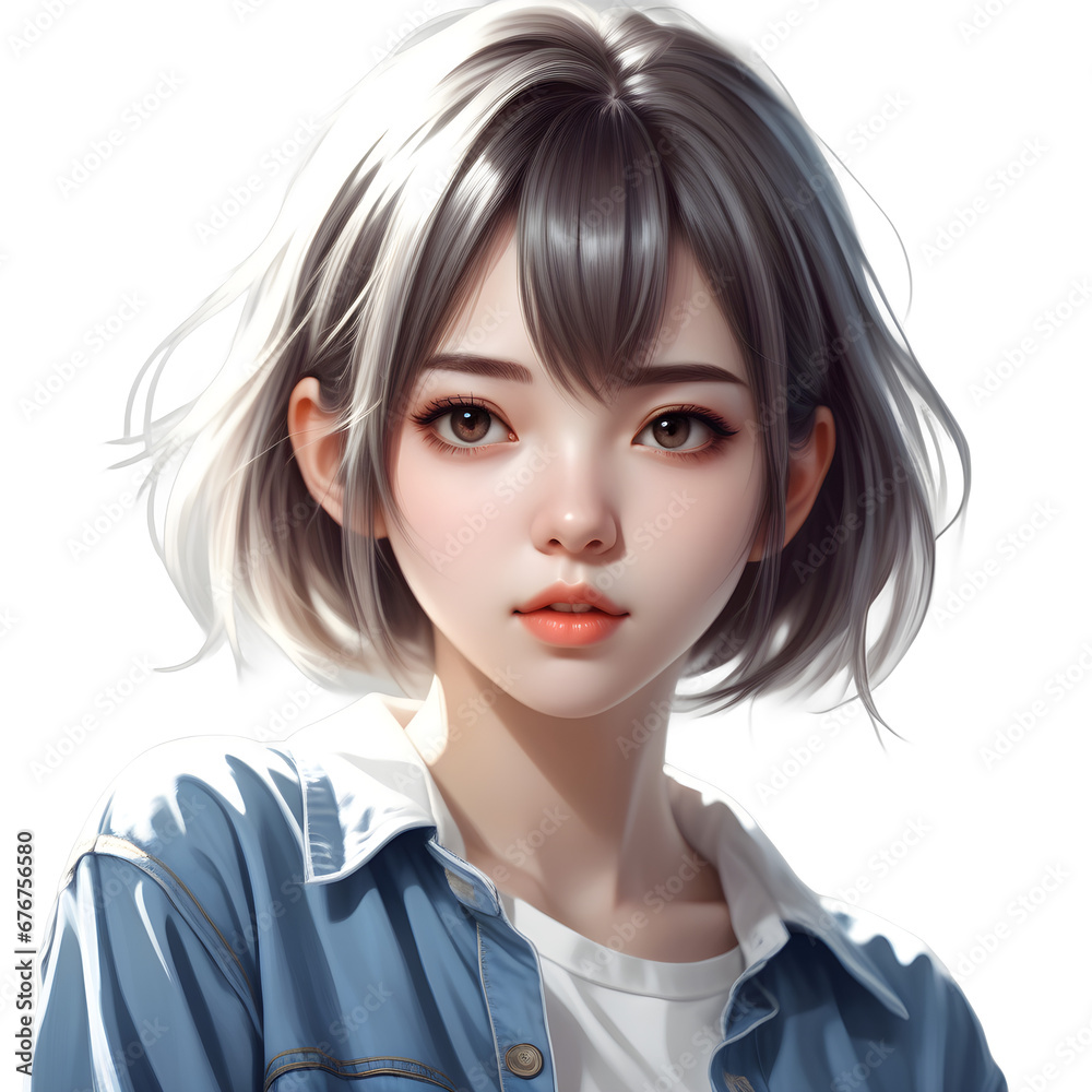 anime girl short hair, wearing kawaii shirt and jeans, casual clothing style, Hyper realistic, Isolated on transparent background. ai generative anime girl short hair, wearing kawaii shirt and jeans, casual clothing style, Hyper realistic, Isolated on transparent background. ai generative