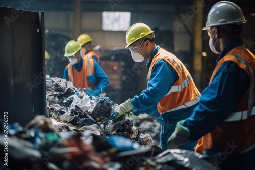 Garbage collection employees sorting the garbage at a recycling center Generative Ai